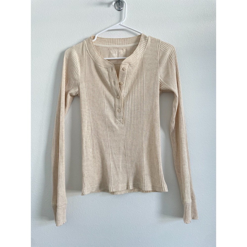 Aerie Top Womens S Beige Henley Slim Fit Soft Preppy‎ Retro Y2K Knit Basics